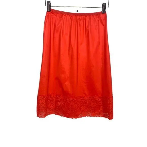 Vintage 60s Red Lace Tricot Nylon Above Knee Slip Small